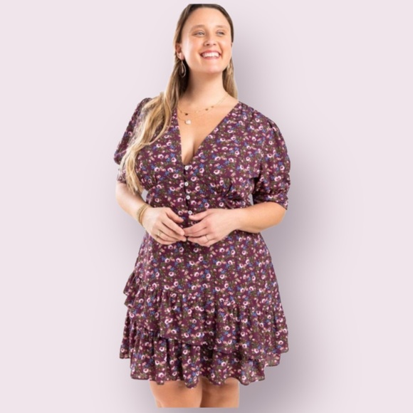Mi Ami floral NWT 2X purple floral dress button front ruffles plus size dresses - Picture 1 of 14